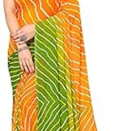 Women's Printed, Striped, Ombre Bollywood Georgette Saree with Matching Blouse Piece | Stylish & Beautiful Fancy Saree for Festivals, Wedding, Parties, Casual Outings (Green, Orange)-image-40
