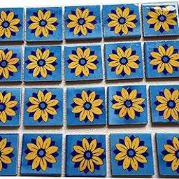 Shiv Kripa Blue Pottery Home Decorative Ceramic Wall Hanging Tile Design Flooring Tiles Floral Kitchen Washroom Mosaic Furniture Tile Handmade Backsplash 2 x 2 Inches (Pack of 20, Blue Yellow)-image-34
