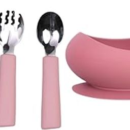 tudd Baby Grip Set Stainless Steel & Silicone Utensils for Kids | Pink with Silicone Suction Bowl | BPA-Free & Easy-Clean Baby Bowl-image-56
