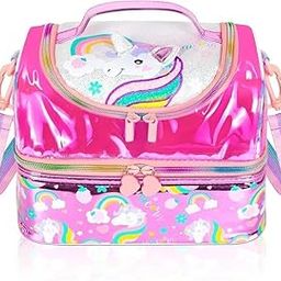 PEZYOX Kids Double Decker Insulated Lunch Bag Large Cooler Tote with Adjustable Strap, Two Compartments for Boys, Girls, Men, Women, Spacious, Perfect for School, Work, Travel. (Rainbow Unicorn)-picture-25
