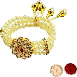 Buyent ® Beautiful Handmade designer Kundan pearl rakshabandhan lumba rakhi set of 2 chuda rakhi for bhabhi with roli chawal-image-16