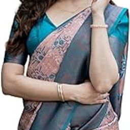 Women's Kanjivaram Soft Silk Banarasi Saree with Blouse Piece, Teal and Pink-picture-49