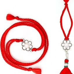 Meenakari Pure 925 Sterling Silver Floral Pearl (Moti) bhaiya bhabhi Rakhi couple set with Roli Chawal and Rakshabandhan Greeting Card For Brother/Boys/Men/Unisex-image-13