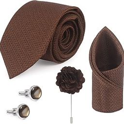 Men Solid Micro Self Silk Necktie Gift Set | Formal Tie with Pocket Square, Cufflinks And Brooch Pin | Wooden Box Packaging (Brown)-picture-9
