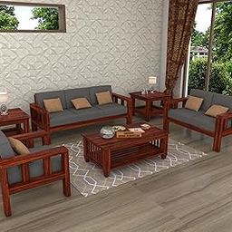 LEGEND HOME FURNITURE Wooden Sofa Set For Living Room 6 Seater Sofa | 3+2+1 Sofa Set Wooden | Six Seater Sofa Sets Solid Sheesham Wood | Gray Cushion, Natural Finish, Grey-image-3
