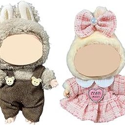 2Pcs Doll Clothes, Brown Overalls and Pink Heart Checkered Dress Set for Plush Toy, Perfect for Casual Wear and Photo Shoots-image-40