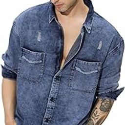 Classic Denim Shirt: Blue Men and Boys Long Sleeves Collared Neck Button Front Cotton Relaxed Fit Denim Shirts-picture-10