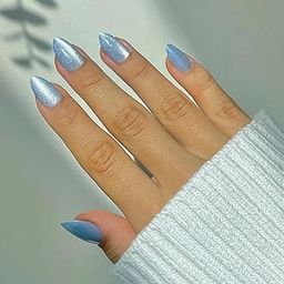 Floss Beauty Sapphire Blue Almond Press On Nails | 30 Reusable Artificial Nails | Long Lasting Design | Glue Tabs and nail glue included | Light Blue Cat Eye Shimmer Silver Glitter Almond Spring Summer Trendy Pinterest Aesthetic Nails-49