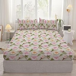 DECOMIZER 300TC Cotton Feel Glace Cotton Elastic Fitted Printed King Size Double Bed Bedsheet with 2 Pillow Covers Fits Upto 8 inches Mattress,72x78x10 in, Baby Pink Bale-4