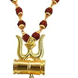Religious Trishul Damaru Locket With Gold Plated Cap Panchmukhi Rudraksha Mala Gold And Brown Brass And Wood Religious Jewellery Pendant Necklace Chain For Men And Women-image-56