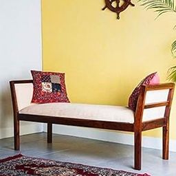 IThree Solid Sheesham Wood 2 Seater Bench for Living Room | Wooden Dining Bench with Cushion for Home | Armrest Bed | Two Seater Sofa Couch for Hall |-image-5