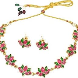 Antique Stone Jewellery Set for Women, Choker Necklace for Women with Flower Design, Multicolour-11