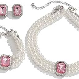 Latest Stylish Design Crystal Pearl Bracelet Earrings Necklace Jewellery Set for Women-image-99