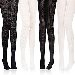 4 Pairs Knitted Patterned Lace Tights Female Fishnet Warm Black White Vertical Strips Pantyhose Hollow out Knitted Tights for Women Skirts Dress Supplies, One Size(Elegant Style), White-image-42