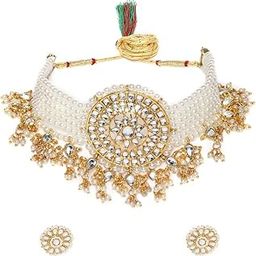 Gold Tone Kundan & MultiStrand Pearls Choker Necklace & Earring Set For Women-ZPFK9805-image-47