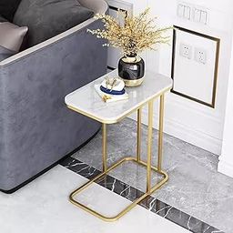 Rectangle Shaped Side Table, Modern Accent Coffee Table Compact Bedroom Bedside Tables Lamp Table with Metal Frame, MDF Table Top, for Bedroom, Living Room (Gold & White)-30