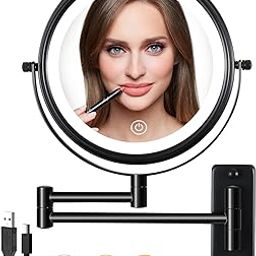 Wall Mounted Lighted Magnifying Mirror 10X Makeup Mirror with 3 Color Modes, Dimmable Touch Screen, USB Charge, Extendable Double Sided Vanity Mirror 8 Inch, Black Finish.-6