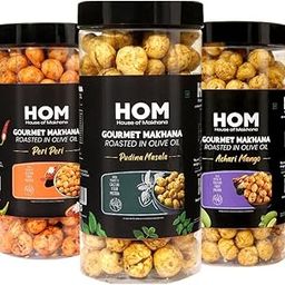 H O M House Of Makhana 195g Pudina,Peri Peri And Achari Mango Gourmet Makhana Jar Roasted in Olive Oil, Flavored Makhana Pack of 3 (65gX3)-image-65