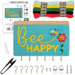 picknMAKE DIY Embroidery Keychain Holder Kit - Stitch Bee Happy Design on Stiff Fabric, Assemble on MDF Panel, Create a Personalized Wall-Mounted Key Organizer with Hooks, Hinges & Complete Tools-picture-19