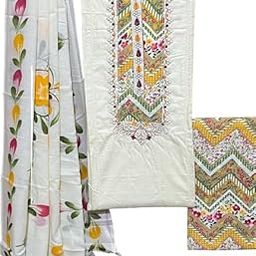Elegant Cotton Dress Material with Floral Embroidery, Grey and Pink, Traditional Design-image-113