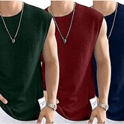 Pack of 3 Men's Maroon Olive Navy Blue Mini Waffle Sleeveless Muscle Fit T-Shirt | Summer Casual Gym Vest | Breathable Soft Fabric-image-90
