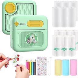 Mini Bluetooth Thermal Printer, Portable Label Inkfree Mini Printer for Android & iOS System, Black on White Thermal Printer with 15 Rolls of Print Paper, 8 Colors of Pencils, Stickers, Blue-12