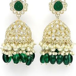 Gold Plated Green Stone Studded Kundan Jhumki Earrings for Women-image-20