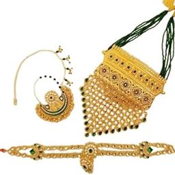 Traditional Gold Plated Green Stones Rajasthani Necklace, Nath With Sheesful For Girls & Womens-image-21