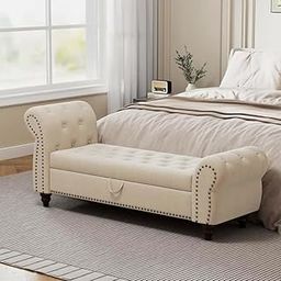 FOREMOSTSOFA 64.5" Velvet Upholstered Storage Ottoman Bench, Sofabench Couch End of Bed Bench Window Bench with Armrest, Chaise of Lounge with Button Tufted for Bedroom Living Room (Baige)-image-84