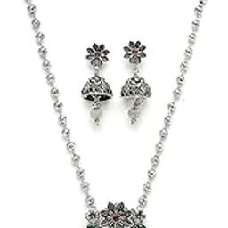Unique Oxidised Rhodium Silver Plated Long Ball Chain Temple Pendant Necklace Set With Jhumki/Jhumka Earrings Jewellery Set For Women & Girls|Set of 1|NS106049-1