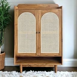 Wooden Storage Cabinet with Cane Webbing Doors, Mid-Century Modern Design, Natural Pine Finish-image-93