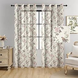 Cortina Linen Printed Sheer Curtain Set of 2 Eyelet Ring Hanging, Floral Printed Curtains Non Blackout Light Filtering Curtains (Pink, 7FT)-image-1
