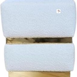 The Shine Wood Store Square Velvet Ottoman Pouffe Stool, Decorative Sitting Footrest with Gold Band, White-image-47