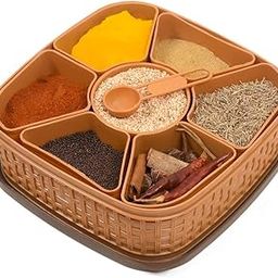 HomeWiz Plastic Square 7 Sections Multipurpose Kitchen Storage Masala Rangoli Dabba Box Set, Spice Box Set - Brown (Masala Box - 7 in 1)-29