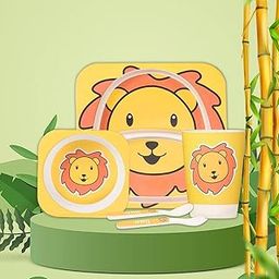 Tony Stark Bamboo Baby Feeding Set - 5-Piece Tableware for Toddlers, Kids & Babies Includes Plate, Bowl, Cup, Spoon, Fork - BPA-Free, Unbreakable Eco-Friendly |Organic & Natural (Cute Lion)-5
