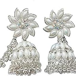 Artificial white color Pearl Flower Drop Earrings with Crystal Accents, Silver-Toned, Traditional Jhumka Style-40