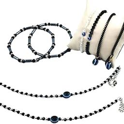 Evil Eye Jewellery Set with Bracelets and anklets, Black and Silver Beaded Design for Women and Girls, 8 Pieces-27