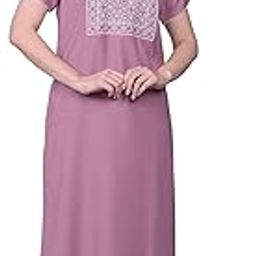Plain Nighty with Embroidery in The Front and a Pocket Women Cotton Floor Length Nighty-image-10