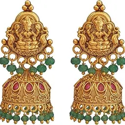 kushal's Fashion Jewellery Ruby-Green Gold Polished Push Back Antique Jhumkis | Best For Bride, Bridemaids & Special Occasion | Earrings For Women - 433131-picture-29