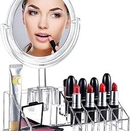 STORE77® Makeup Organizer with 5X Magnifying Mirror Acrylic Vanity Mirror Countertop Cosmetic Organizer Lipsticks Brushes Holder for Bedroom Bathroom-image-2