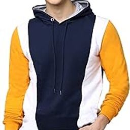 Color Block Men's Fullsleeve Hooded Yellow Cotton Tshirt-6