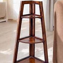 PARSHANT ART Wooden Corner Bookshelf for Living Room | Book Shelf 3 Tier Ladder Book Cabinet Corner Shelf, Bookshelf for Home Decor | Solid Wood Sheesham, Brown Finish-image-67