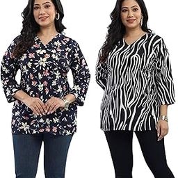 Women's Plus Size Printed Combo V Neck 3/4th Sleeves Crepe Tunic(E1-Navy-Black,5XL)-image-81