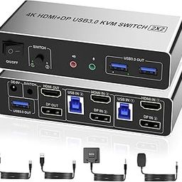 Dual Monitor HDMI Displayport KVM Switch 2 Computers 4K 60Hz, 4 USB 3.0 Ports HDMI Displayport KVM Switcher for 2 PCs Sharing Keyboard, Mouse, Printer, and Scanner, Supports Extended/Copy Mode-0