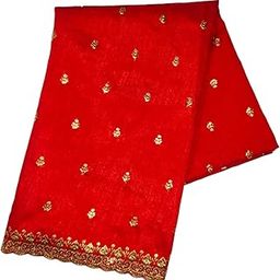 Red Raw Silk Fabric with Gold Embroidery Work, 1 Metre, Traditional Border Design-picture-11