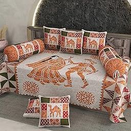 LIVING ROOTS Hand Block Print Cotton Diwan Set 8 Pieces - (1 Bedsheet + 5 Cushion Covers + 2 Bolster Cover) | 56 * 86 inch (4.5 * 7 Feet) |240 TC| (011-A)-15