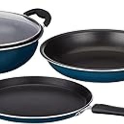 Amazon Brand - Solimo Aluminium – 3 Pcs Non Stick Cookware Sets, Tawa 25 Cm, Kadhai 24 Cm with Glass Lid, Fry Pan 24 Cm (Peacock Green)-0