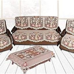 Bhairav Enterprises Cotton Attractive 5 Seater Net Sofa Cover with 1 Center Table Cover for Decorations (Large), Beige-image-72