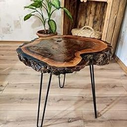 Unique home Antique Wooden Glossy Resin Coffee Table | Side End Table for Living Room Bedroom Office Decor with Foldable Metal Hiarpin Legs Plant Stand Top Dia 12-13'' x 15'' Height (Medium)-14