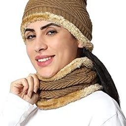 Snow Proof Inside Fur Acro Wool Unisex Beanie Cap with Neck Warmer Set Knit Hat Thick Fleece Lined Winter Cap for Men & Women (Camel)-image-87